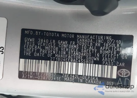 2010 Toyota Corolla S from USA, damaged, VIN 2T1BU4EE8AC455808